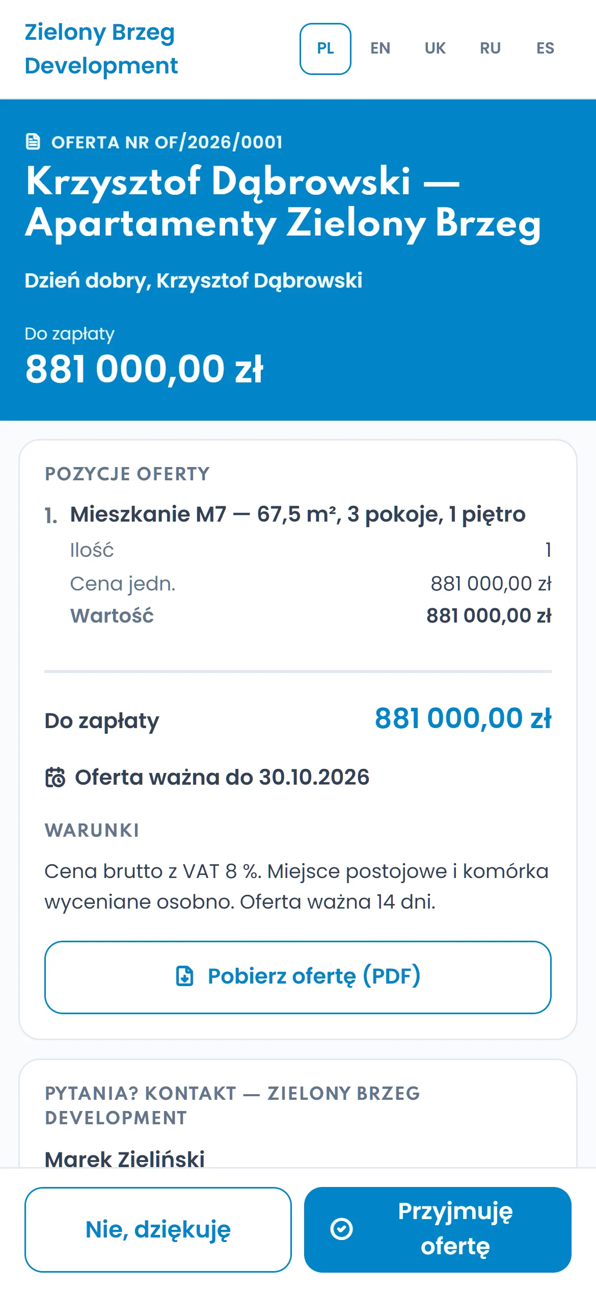 Strona oferty dla klienta z lokalem, ceną i przyciskami odpowiedzi