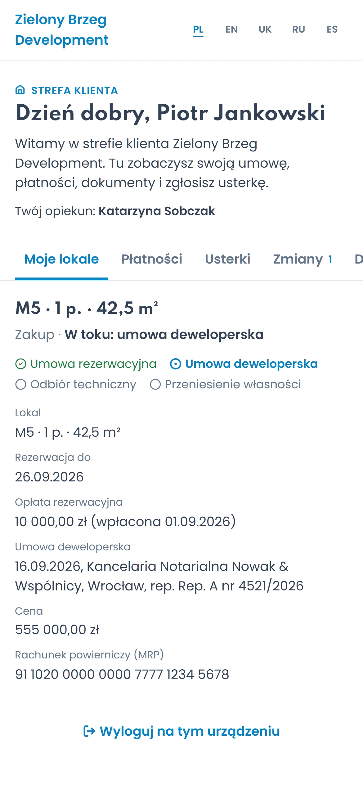 Strefa klienta nabywcy z umową, dokumentami i usterkami