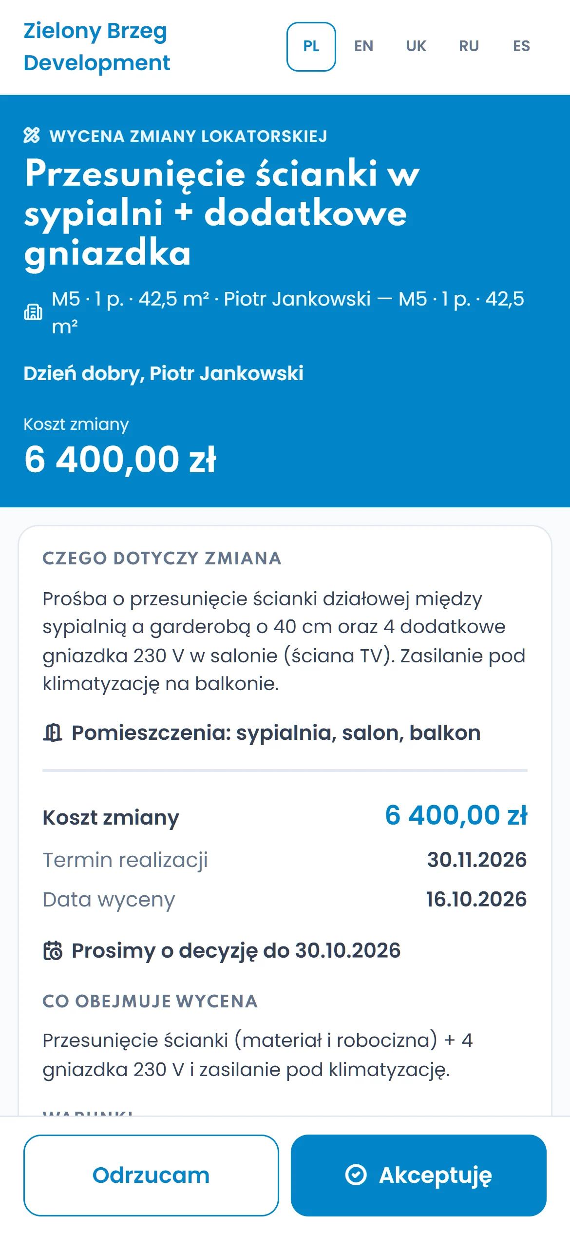 Wycena zmiany lokatorskiej z przyciskami Akceptuję i Odrzucam na telefonie nabywcy