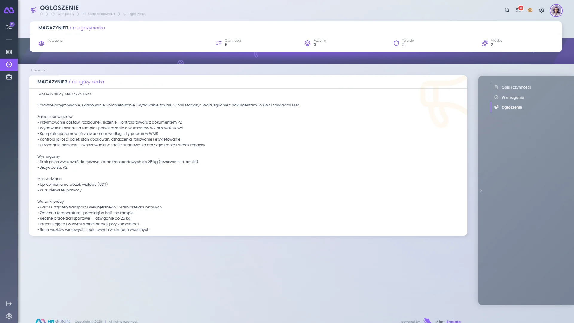 Szkic ogłoszenia o pracę wygenerowany z karty stanowiska magazyniera