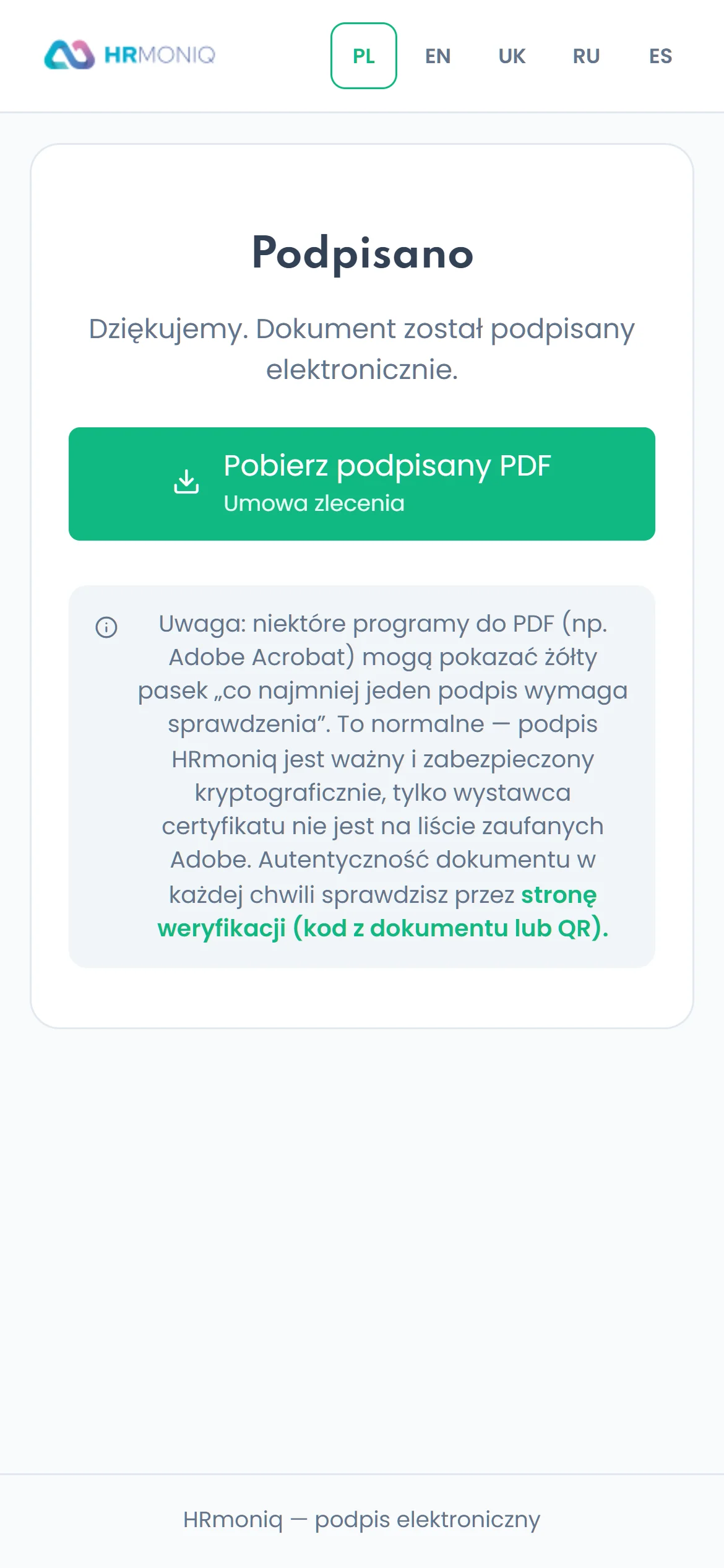 Potwierdzenie podpisania dokumentu